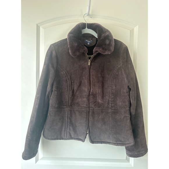 Sonoma Life + Style Jackets & Blazers - Sonoma Life Style Brown Suede Leather Jacket Faux Fur Trim Zip Front Womens M